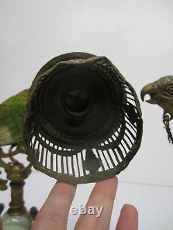 2 Antique c1920s Art Deco Cast Metal Parrot Table Lamp Bird Cage Shade As Is