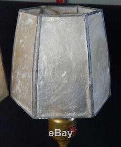 2 Art Deco Lavender Glass & Metal Boudoir Table Lamps Pair Vintage Shell Shades