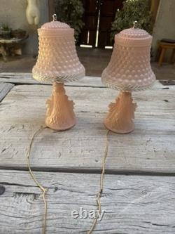 2 Art Deco Pink Satin Glass Boudoir Lamp with Thousand Eye Shade Vintage 1920-30