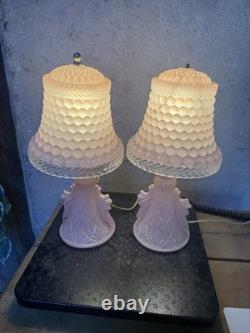 2 Art Deco Pink Satin Glass Boudoir Lamp with Thousand Eye Shade Vintage 1920-30
