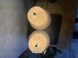 2 Art Deco Pink Satin Glass Boudoir Lamp with Thousand Eye Shade Vintage 1920-30