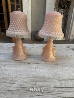 2 Art Deco Pink Satin Glass Boudoir Lamp with Thousand Eye Shade Vintage 1920-30