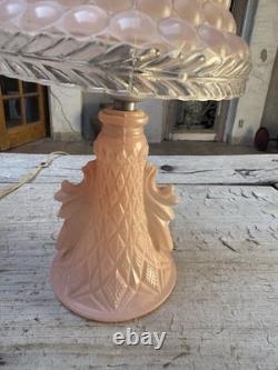 2 Art Deco Pink Satin Glass Boudoir Lamp with Thousand Eye Shade Vintage 1920-30