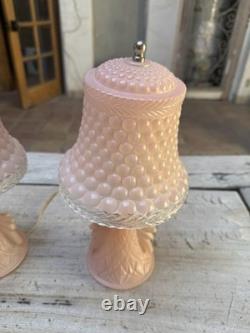 2 Art Deco Pink Satin Glass Boudoir Lamp with Thousand Eye Shade Vintage 1920-30