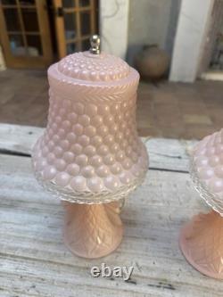 2 Art Deco Pink Satin Glass Boudoir Lamp with Thousand Eye Shade Vintage 1920-30