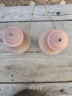 2 Art Deco Pink Satin Glass Boudoir Lamp with Thousand Eye Shade Vintage 1920-30