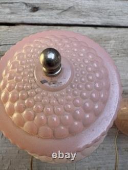 2 Art Deco Pink Satin Glass Boudoir Lamp with Thousand Eye Shade Vintage 1920-30