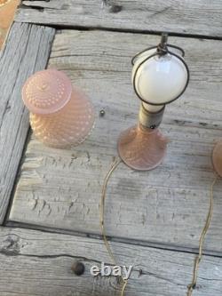 2 Art Deco Pink Satin Glass Boudoir Lamp with Thousand Eye Shade Vintage 1920-30