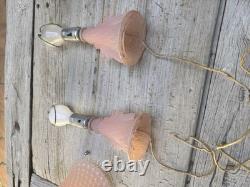 2 Art Deco Pink Satin Glass Boudoir Lamp with Thousand Eye Shade Vintage 1920-30