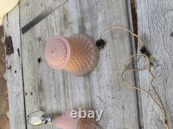 2 Art Deco Pink Satin Glass Boudoir Lamp with Thousand Eye Shade Vintage 1920-30