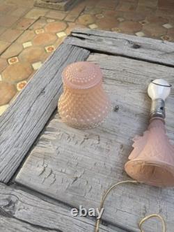 2 Art Deco Pink Satin Glass Boudoir Lamp with Thousand Eye Shade Vintage 1920-30