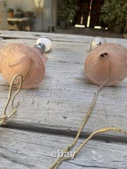 2 Art Deco Pink Satin Glass Boudoir Lamp with Thousand Eye Shade Vintage 1920-30