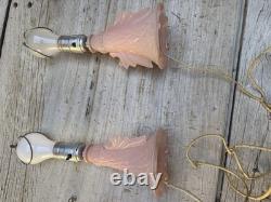 2 Art Deco Pink Satin Glass Boudoir Lamp with Thousand Eye Shade Vintage 1920-30