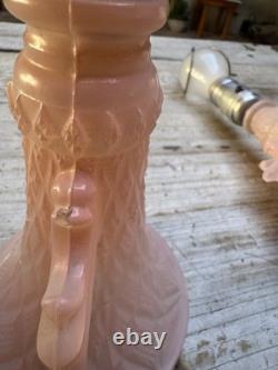 2 Art Deco Pink Satin Glass Boudoir Lamp with Thousand Eye Shade Vintage 1920-30