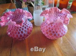 2 Fenton Art Glass Coin Dot Lamp Shade Crested Cranberry Vintage w 1 Hurricane