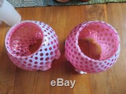 2 Fenton Art Glass Coin Dot Lamp Shade Crested Cranberry Vintage w 1 Hurricane