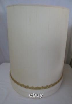 2 MCM Vtg Tapered Drum Lamp Shades 23 Tall Fabric Gold Trim Hollywood Regency