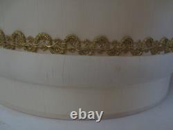2 MCM Vtg Tapered Drum Lamp Shades 23 Tall Fabric Gold Trim Hollywood Regency