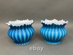 2 Old Antique Blue Striped Opalescent Satin Glass Oil Lamp Bell Shade 5 fitting