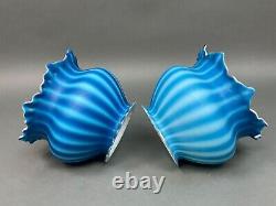 2 Old Antique Blue Striped Opalescent Satin Glass Oil Lamp Bell Shade 5 fitting