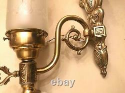 2 Rare Antique French Brass Bronze Empire Style Wall Lamps Matte Glass Shade