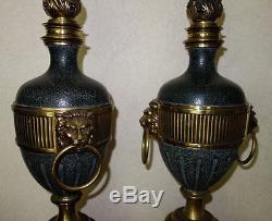 2 Solid brass table lamps, vintage Stiffel, flame lion heads Glass Stiffel-Shade