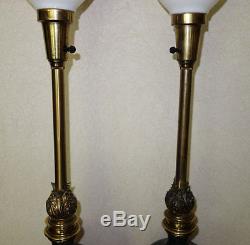 2 Solid brass table lamps, vintage Stiffel, flame lion heads Glass Stiffel-Shade