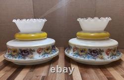 2 VINTAGE HURRICANE LAMP SHADES (GWTW) Abigail Adams MILK Glass HAND PAINTED