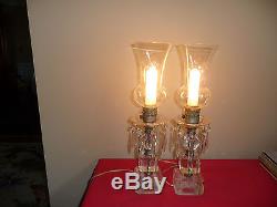 2 VINTAGE MANTLE LUSTER HURRICANE LAMP WithPRISMS ETCHED GLASS SHADES