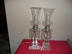 2 VINTAGE MANTLE LUSTER HURRICANE LAMP WithPRISMS ETCHED GLASS SHADES