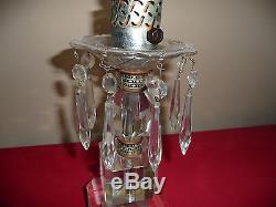 2 VINTAGE MANTLE LUSTER HURRICANE LAMP WithPRISMS ETCHED GLASS SHADES