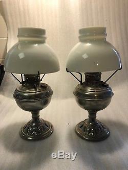 2 VINTAGE OIL LAMPS BNH BRADLEY and HUBBARD with WHITE GLASS SHADE