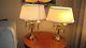 2 Vtg 20 Brass French Horn Trumpet Candlestick Lamps Oval Pleated Shades