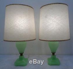 2 VTG Jadeite Bedside Vanity Dressing Room Table Lamps With Matching Shades Pair