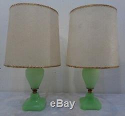 2 VTG Jadeite Bedside Vanity Dressing Room Table Lamps With Matching Shades Pair