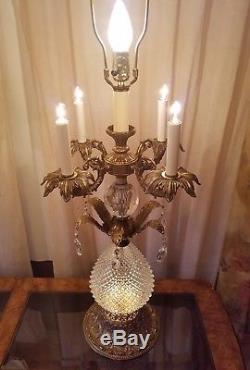 2 VTG VICTORIAN CRYSTAL PIANO CHANDELIER LAMPS With HUGE BELL FLORAL LAMP SHADES