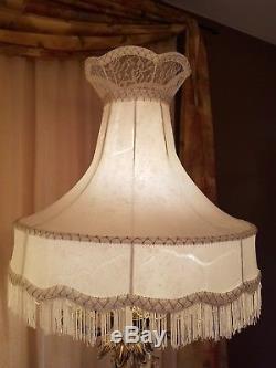 2 VTG VICTORIAN CRYSTAL PIANO CHANDELIER LAMPS With HUGE BELL FLORAL LAMP SHADES