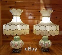 2 VTG VICTORIAN GREEN FLORAL LAMPS With HUGE BELL FLORAL LAMP SHADE With FRINGE