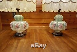 2 VTG VICTORIAN GREEN FLORAL LAMPS With HUGE BELL FLORAL LAMP SHADE With FRINGE