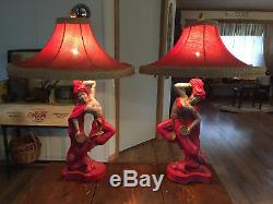 2-Vintage 1954 mid-century exotic Asian dancer lamps Universal Statuary withSHADES
