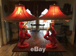 2-Vintage 1954 mid-century exotic Asian dancer lamps Universal Statuary withSHADES