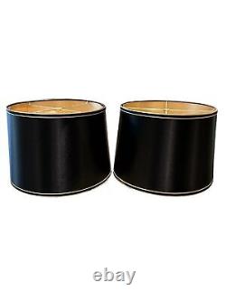 2 Vintage 1970s Hollywood Regency Lamp Shades Satin Black Gold Trim Large Big