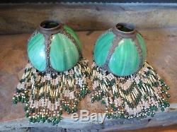 2 Vintage Antique Green Slag Stained Glass Lamp Shades with Original Beads