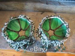 2 Vintage Antique Green Slag Stained Glass Lamp Shades with Original Beads