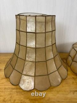2 Vintage Capiz Shell Lamp Shades Brass Scalloped Bottom Edge 12 Tall MCM