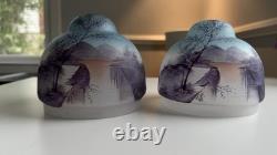 2 Vintage Glass Lamp Shade Set Reverse Hand Painted Lot Japanese Antique