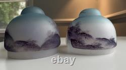 2 Vintage Glass Lamp Shade Set Reverse Hand Painted Lot Japanese Antique