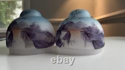 2 Vintage Glass Lamp Shade Set Reverse Hand Painted Lot Japanese Antique