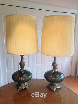 2 Vintage Green Gold Flashed Glass Falkenstein Table Lamps withOriginal Shades