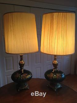 2 Vintage Green Gold Flashed Glass Falkenstein Table Lamps withOriginal Shades